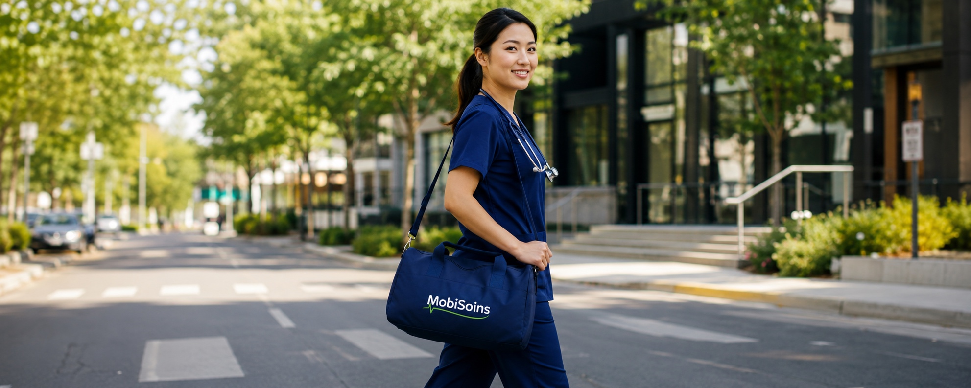 A MobiSoins nurse walking to a visit, her bag over her shoulder