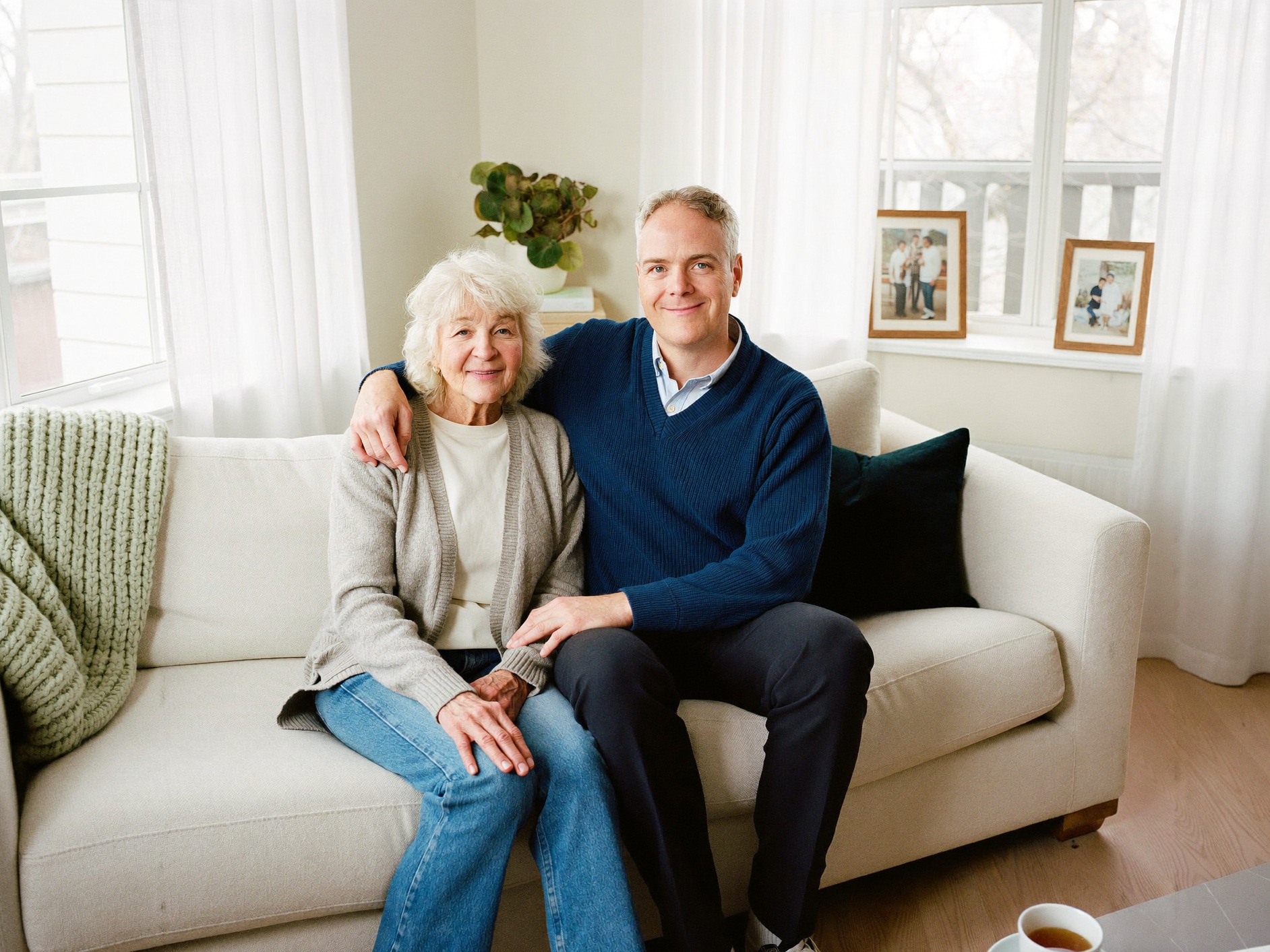 A son and his elderly mother smiling on the sofa at her home