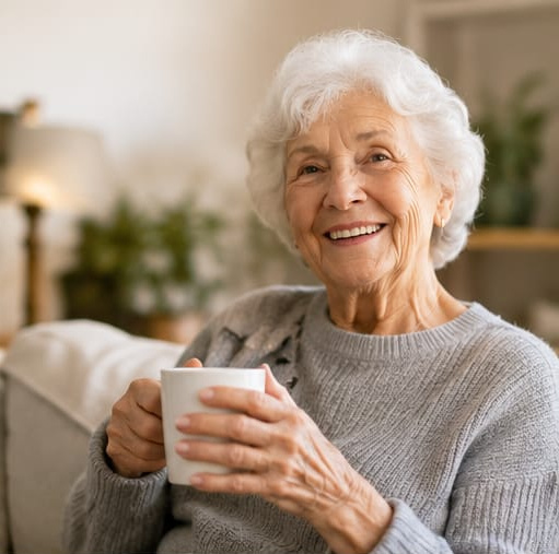 Aînée souriante accompagnée par MobiSoins