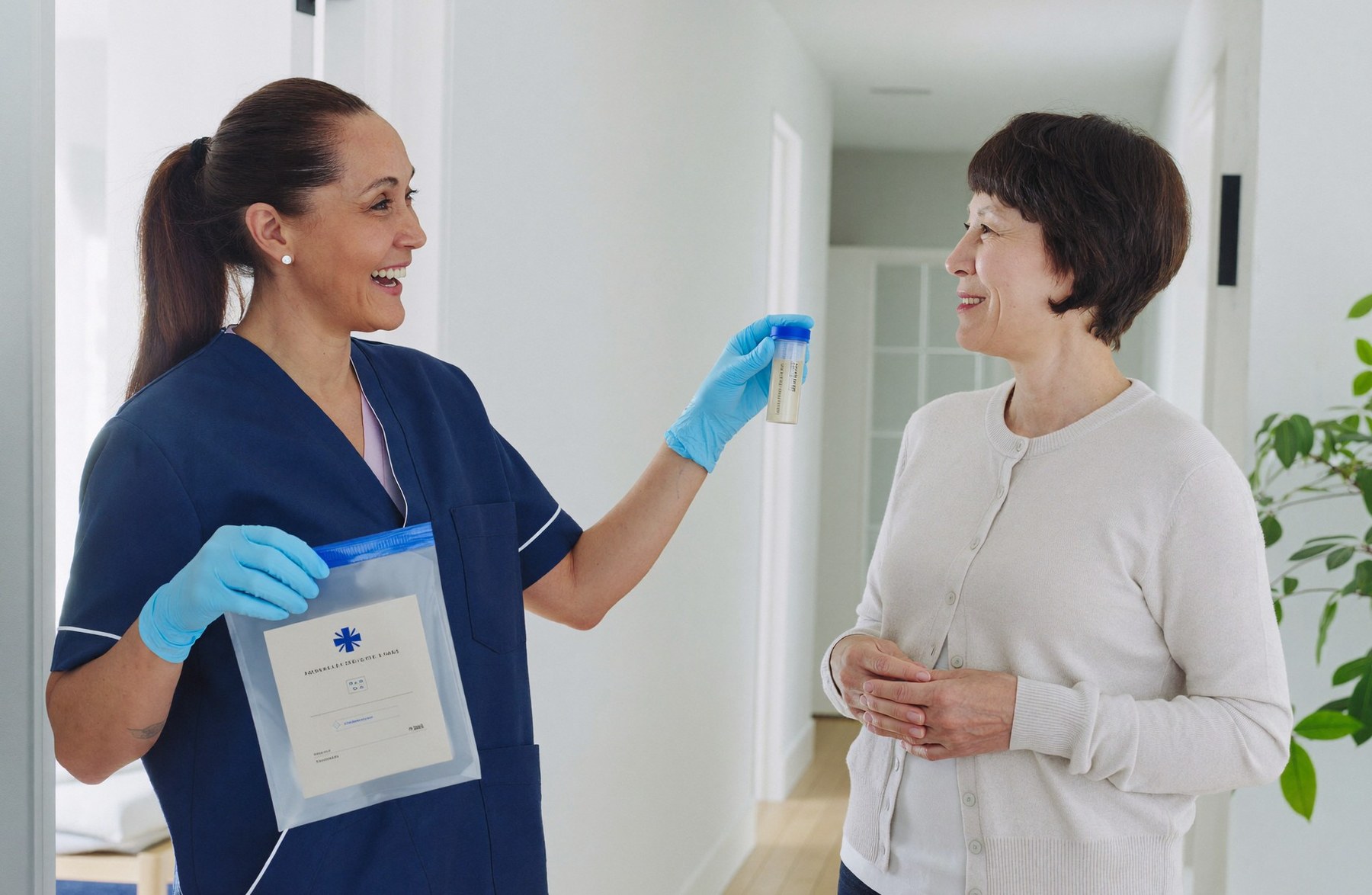 Une infirmière remet un contenant de prélèvement scellé à une patiente