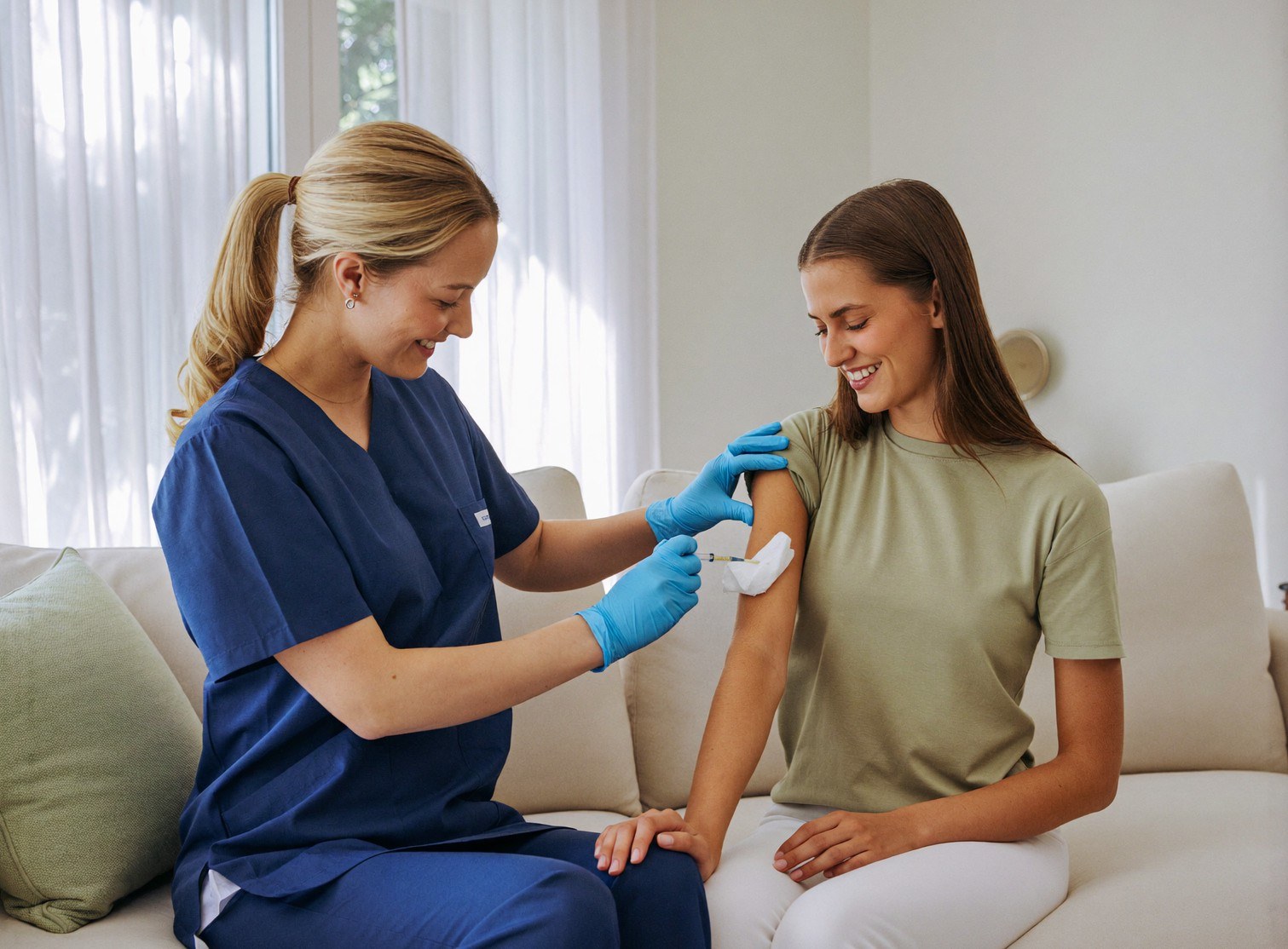 Une infirmière désinfecte le bras d’une jeune femme avant un vaccin
