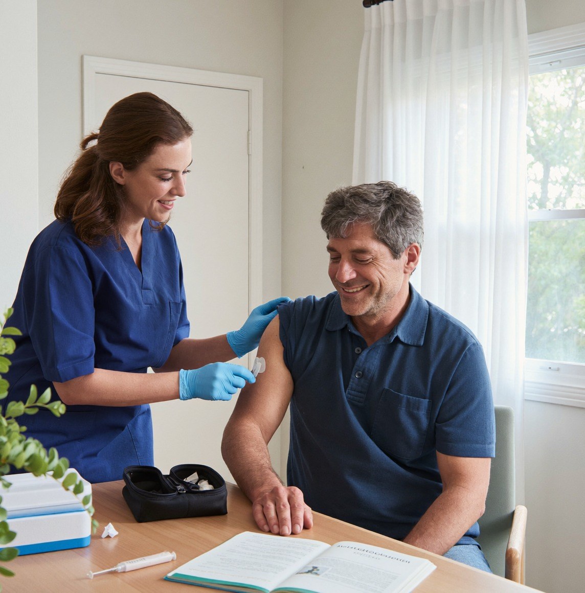 A nurse places a bandage on a man’s arm after a vaccine